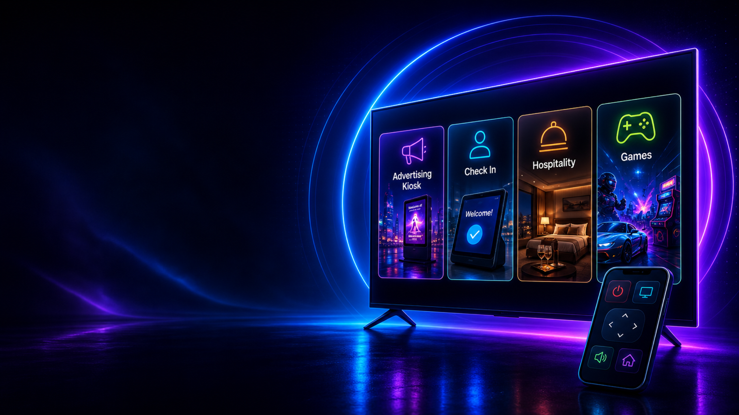Neon HereView TV display showing interactive screen modes
